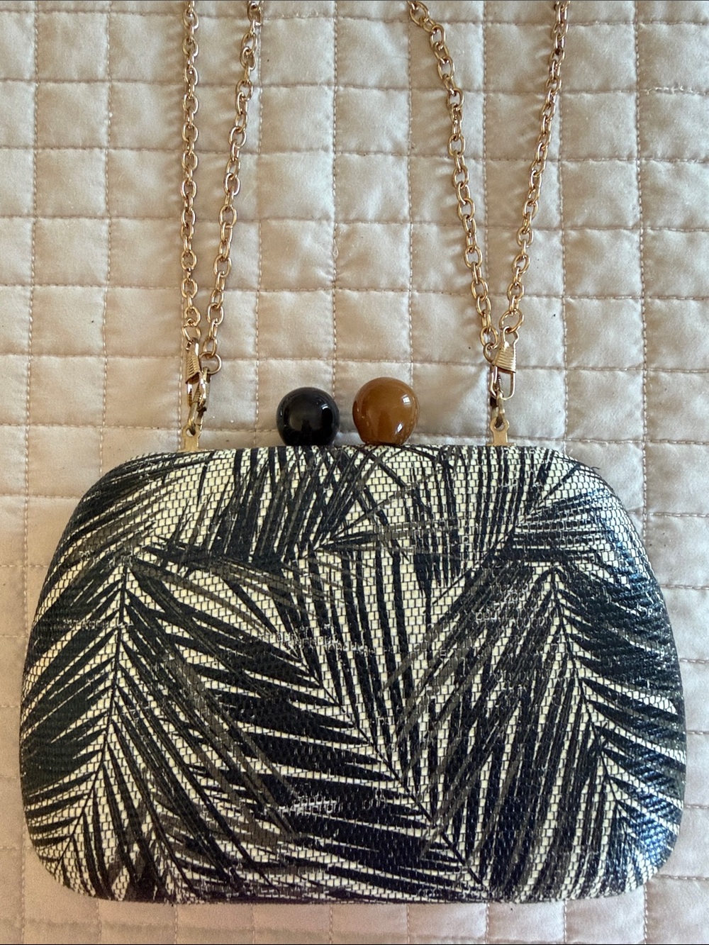 3AM Forever Black & White Palm Print Box Clutch Crossbody Purse Gold Chain